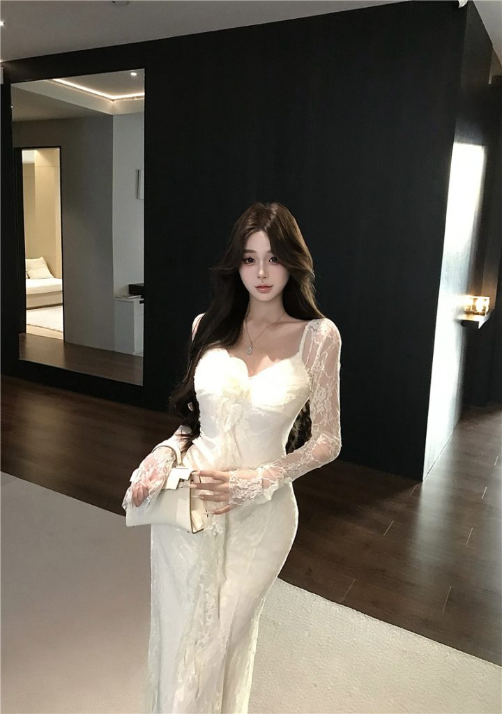 French Style 3D Floral Ribbon Long Sleeve Lace Waist Slimming Fishtail Dress