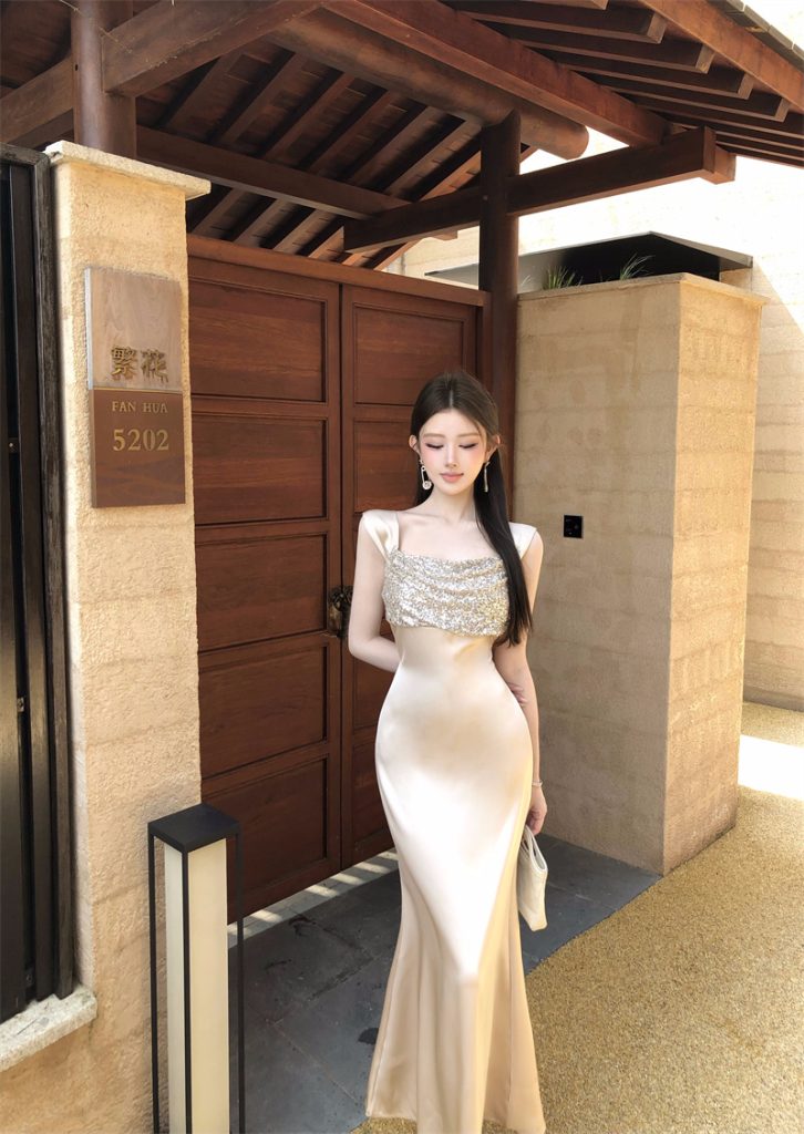 French Style Satin Slip Dress with Sequins and Mermaid Silhouette