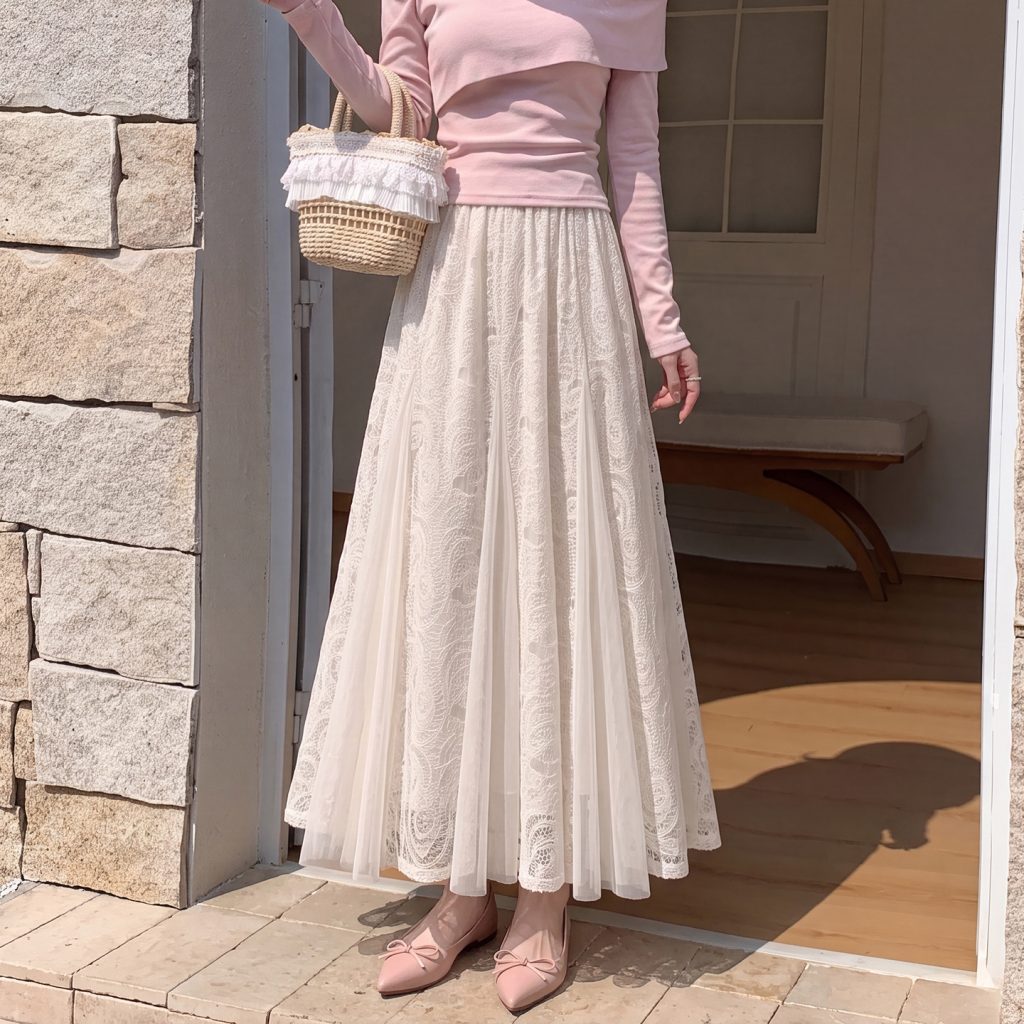 Lace Embroidered Mesh Patchwork High Waist A-Line Maxi Skirt 2026 Fall