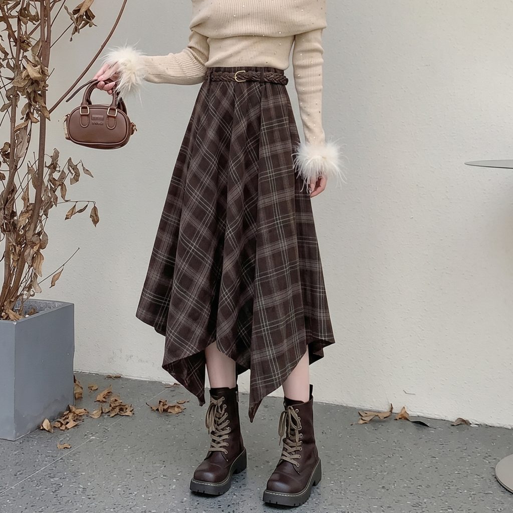 Retro Plaid Asymmetrical Skirt Women 2026 Autumn Winter Maillard Coffee High Waist A-Line Midi Dress