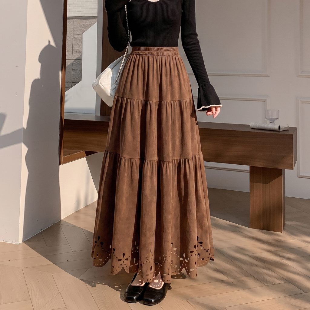 Women's Brown Suede-Look Cutout High-Waist A-Line Tiered Maxi Skirt