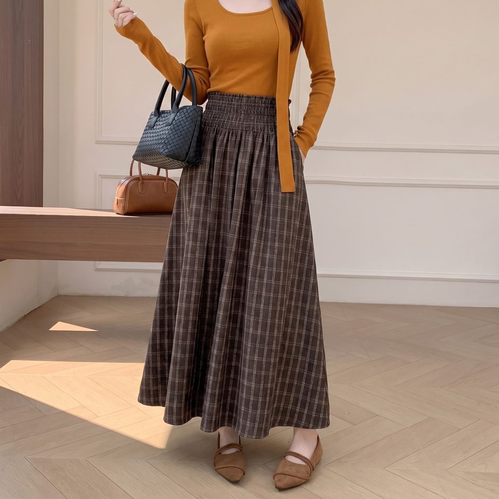 Retro Plaid A-Line Midi Skirt for Women High Waist Elastic Smocked Flared Skirt