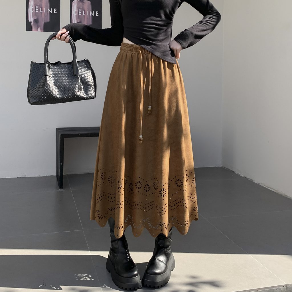 2026 Autumn Winter Maillard High Waist A-Line Midi Skirt with Cutout Burnout Design