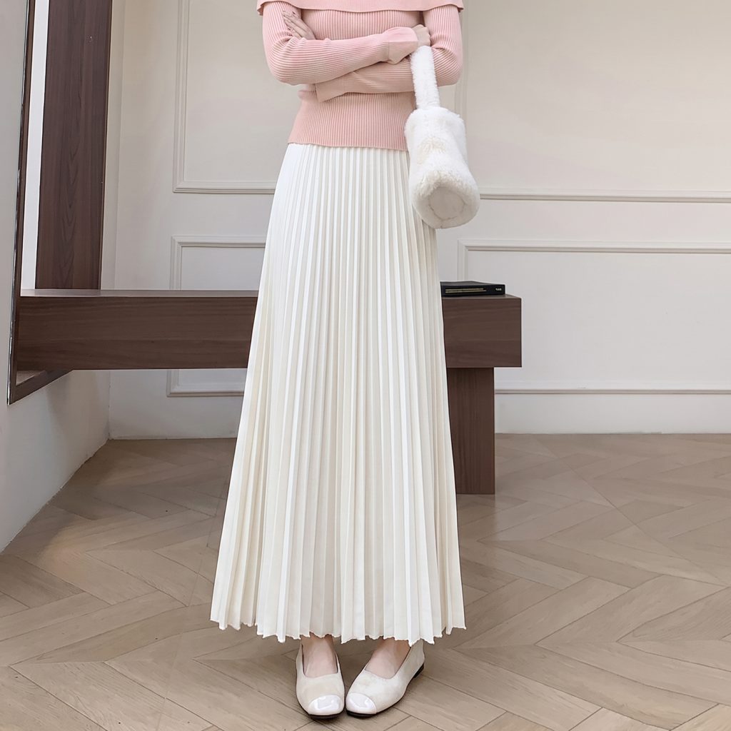 Women's Pleated A-Line Long Skirt 2026 Autumn Winter High Waist Solid Color