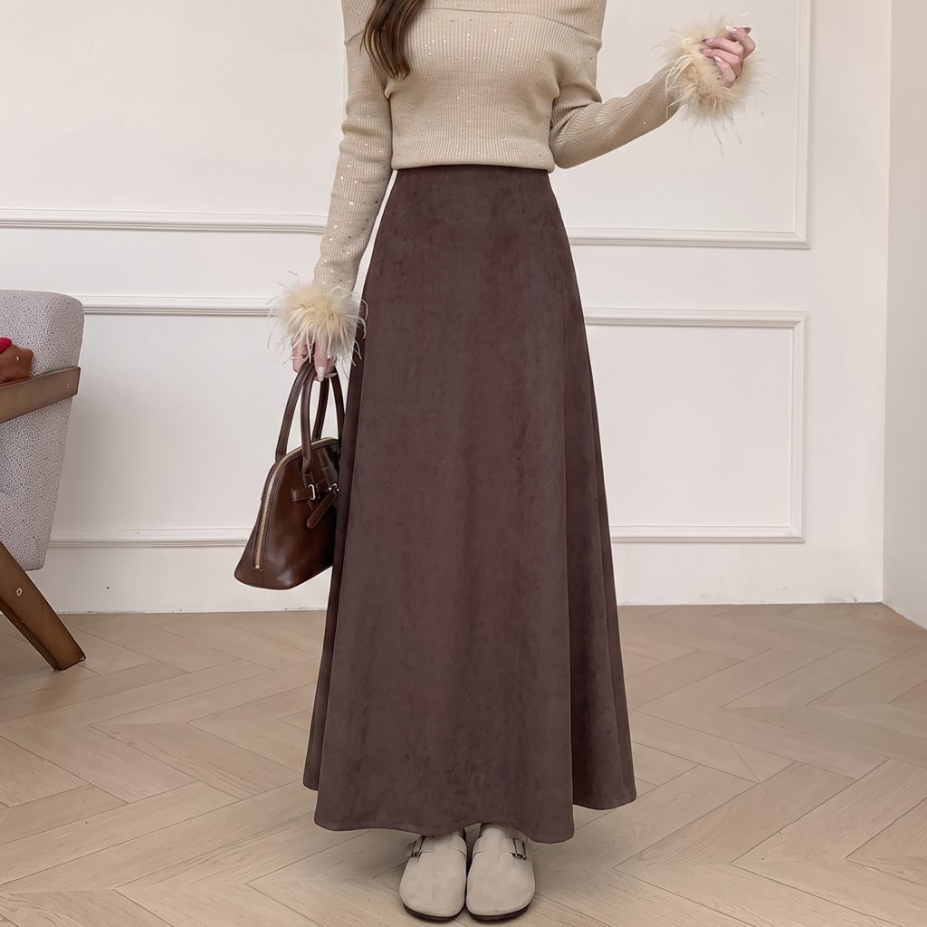2026 Autumn Winter Vintage Maillard Suede Mermaid A-Line High Waist Long Skirt for Women