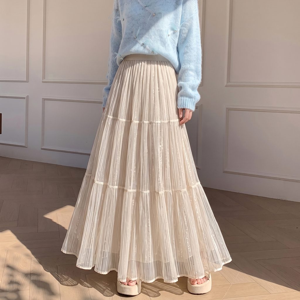 Light Luxury Velvet Mesh Pleated Skirt for Women A-Line Cake Skirt