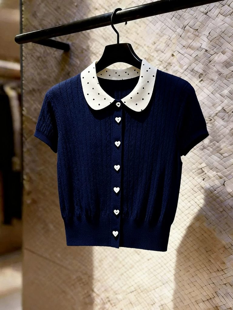 2026 Summer Knit Sweater Women Preppy Doll Collar Polka Dot Navy Slim Cropped Top