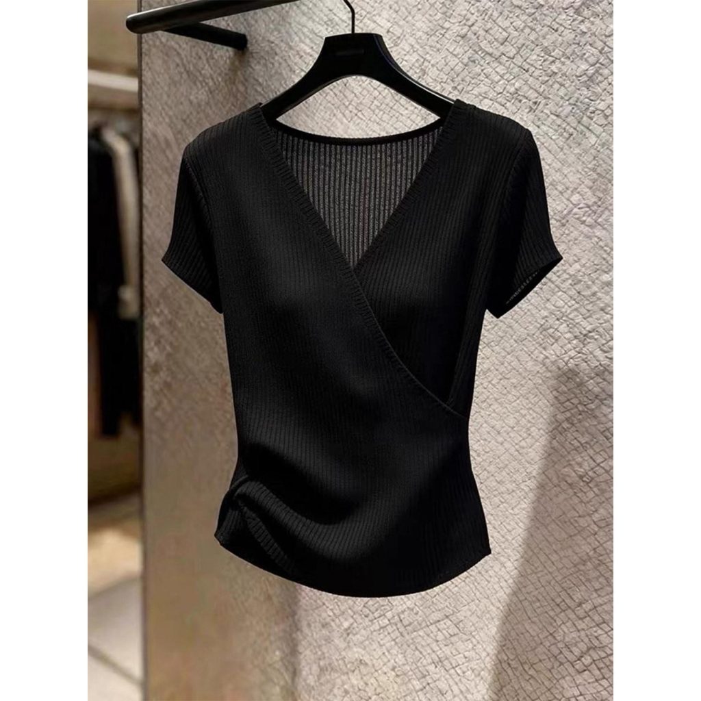 Korean Style V-Neck Short Sleeve Knit Top for Women Summer Black Slimming Versatile