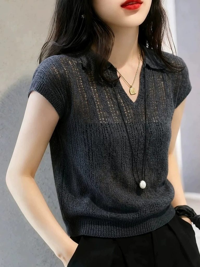 Dark Gray Openwork Polo Collar Knit Top for Women Summer French Style Loose Slimming Small Flutter Sleeve Shirt