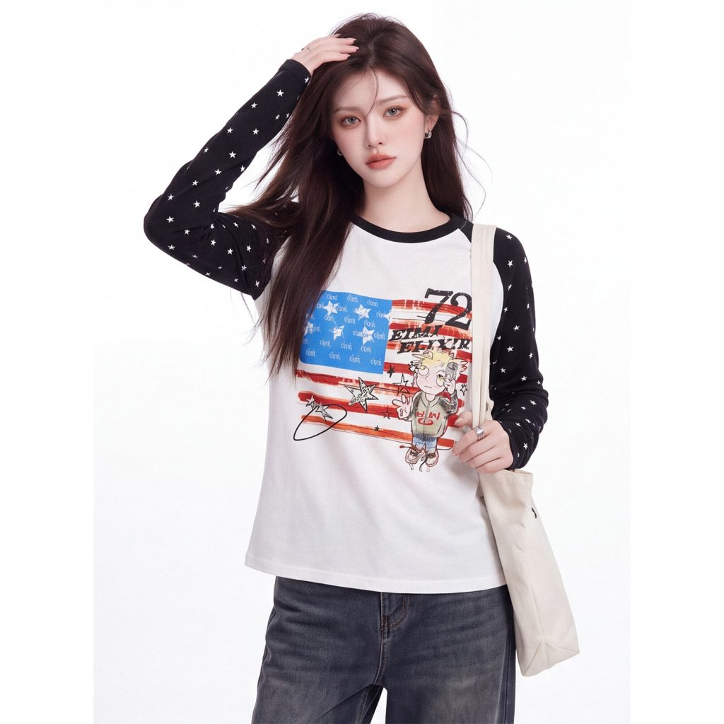 Women's Color Block Star Print Raglan Long Sleeve Sun Protection Top Summer Thin Breathable Cover-Up