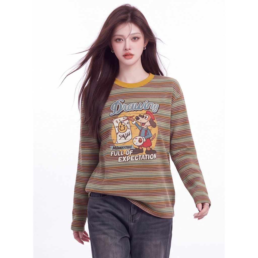 Women's Cartoon Print Long Sleeve T-Shirt Korean Color Block Striped Loose Fit Top