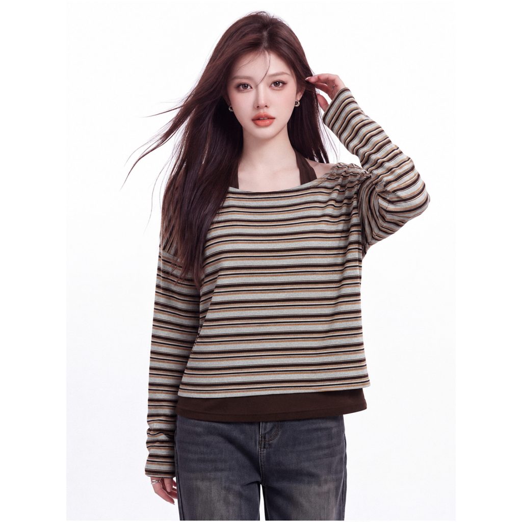 Women's Striped Halter Neck Faux Two-Piece Long Sleeve T-Shirt Slim Fit Color Block Top