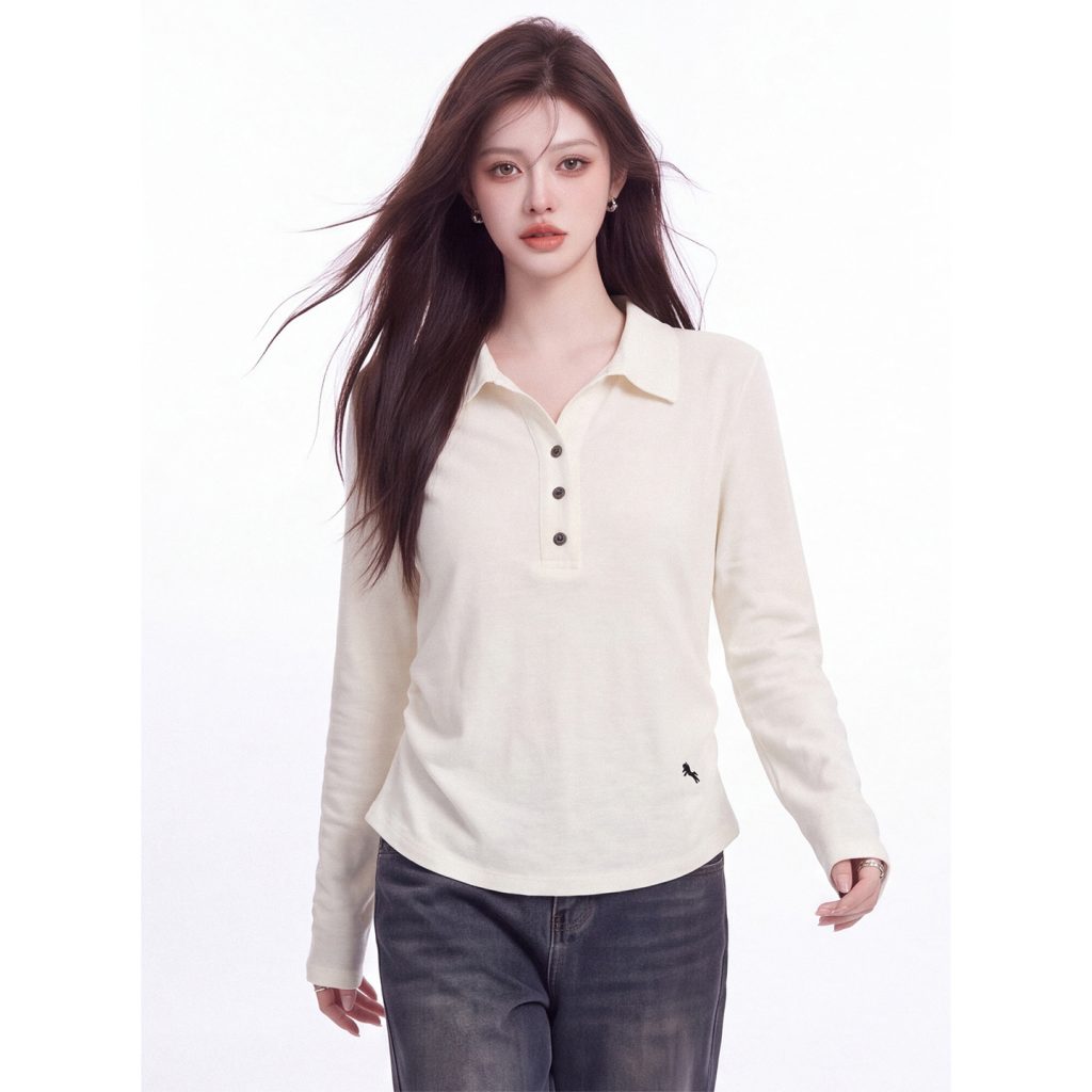 Korean Half-Open V-Neck Long-Sleeve Women's T-Shirt Fall Slim Fit Ruched Waist Commuter Top