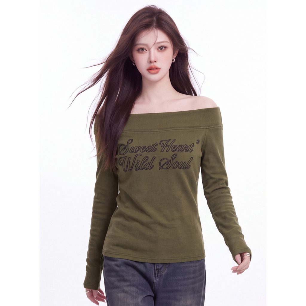 Women's Off-Shoulder Long Sleeve Letter Print T-Shirt Slim Fit Fall Top