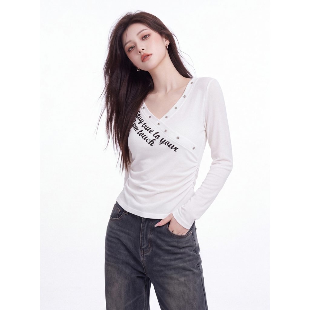 Cross V-Neck Studded Letter Print Long Sleeve Women's T-Shirt Early Autumn Slim Fit Cinched Waist Base Layer Top