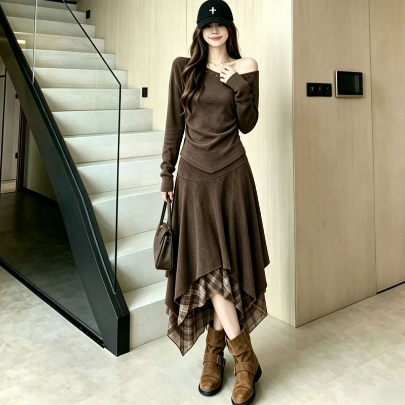 Maillard Plaid Fashion Two-Piece Set Women's Autumn Off-Shoulder Top Suede A-Line Skirt Trendy