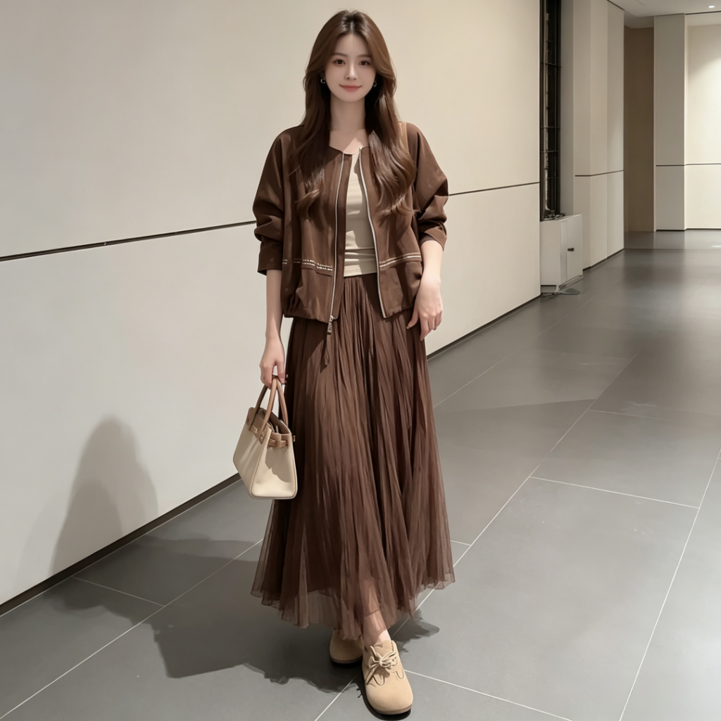 Retro Minimalist Two-Piece Set for Women 2026 Fall Jacket and Skirt