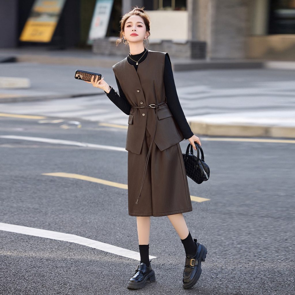 Women's Faux Leather Vest 3-Piece Casual Set 2026 Fall Solid Color Cropped Pants